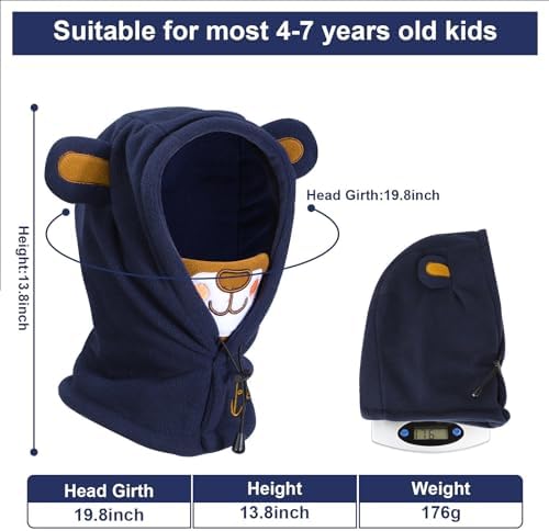 PHOGARY Balaclava For Kids Warm Thermal Fleece Scarf 3D Animal Face Cover Winter Hood Hat Neck Warmer For Children (47-52cm Dark Blue)