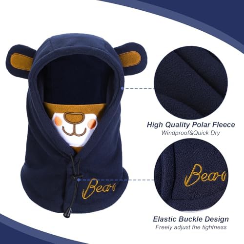 PHOGARY Balaclava For Kids Warm Thermal Fleece Scarf 3D Animal Face Cover Winter Hood Hat Neck Warmer For Children (47-52cm Dark Blue)