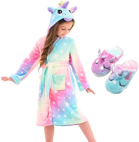 Piefry Unicorn Dressing Gown for Girls - Soft Hooded Robe Sleepwear With Slippers Gifts for Girls