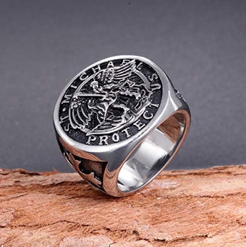PikaLF St. Michael Ring For Men Vintage Cross Ring Saint Michael The Archangel Defeating Satan Figurine Amulet Ring Religious Ring Punk Christian Faith Jewelry Gift For Men Boys