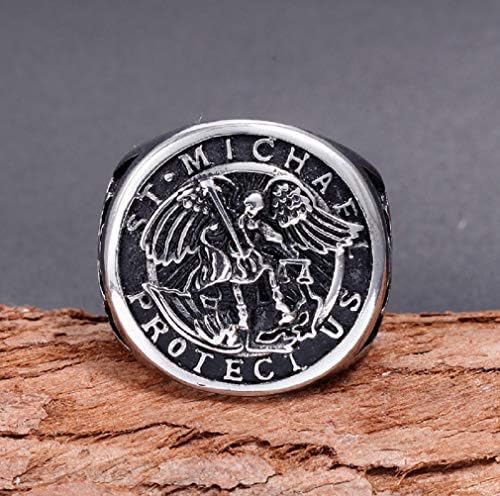 PikaLF St. Michael Ring For Men Vintage Cross Ring Saint Michael The Archangel Defeating Satan Figurine Amulet Ring Religious Ring Punk Christian Faith Jewelry Gift For Men Boys