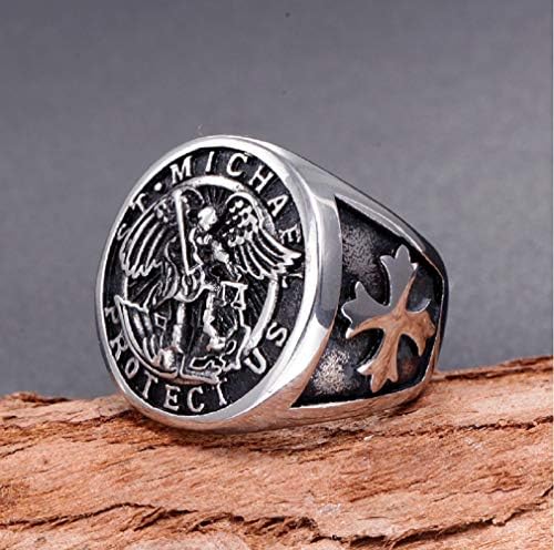 PikaLF St. Michael Ring For Men Vintage Cross Ring Saint Michael The Archangel Defeating Satan Figurine Amulet Ring Religious Ring Punk Christian Faith Jewelry Gift For Men Boys