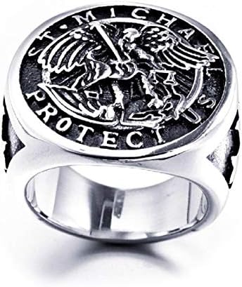 PikaLF St. Michael Ring for Men Vintage Cross Ring Saint Michael The Archangel Defeating Satan Figurine Amulet Ring Religious Ring Punk Christian Faith Jewelry Gift for Men Boys
