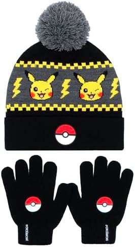 Pokemon - Winter Warm & Comfy Beanie Hat & Gloves Set for Boys - Pikachu Design - Perfect for Boys 6-12 Years