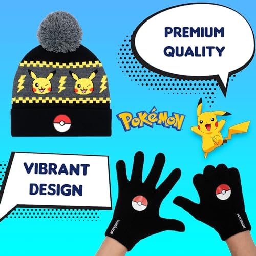 Pokemon - Winter Warm & Comfy Beanie Hat & Gloves Set For Boys - Pikachu Design - Perfect For Boys 6-12 Years