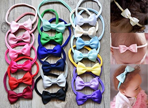PrettyBoutique Baby Girls Satin Bow Soft Skinny Elastic Nylon Headband Hair Band Accessories