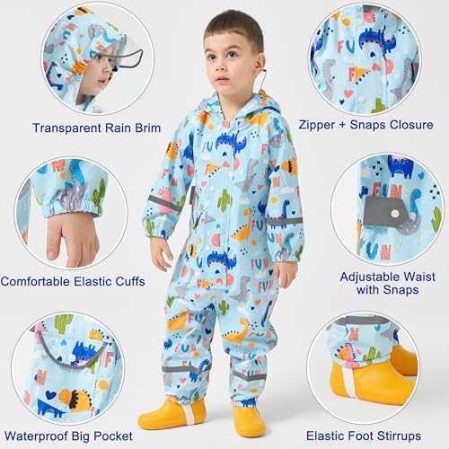 Puddle Suit Waterproof Suit Kids All In One Waterproof Overalls Boys Girls Rain Suit Cartoon Muddy Suit One Piece Raincoat Hoodie Rainwear For 1-10 Years
