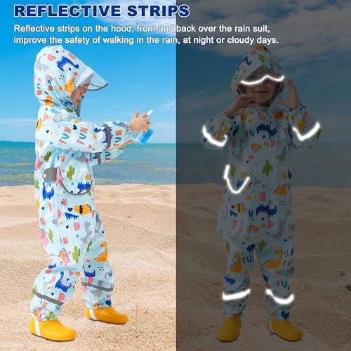 Puddle Suit Waterproof Suit Kids All In One Waterproof Overalls Boys Girls Rain Suit Cartoon Muddy Suit One Piece Raincoat Hoodie Rainwear For 1-10 Years