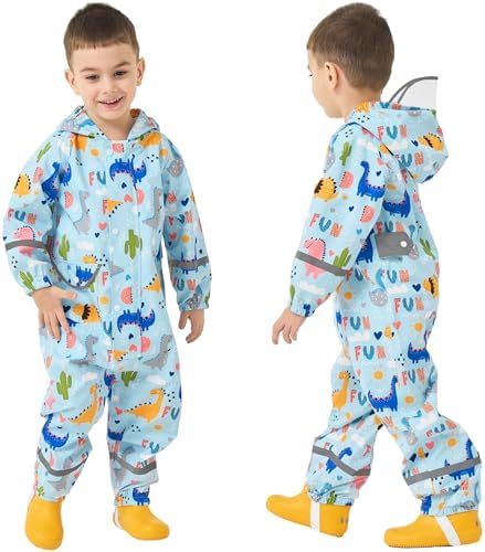 Puddle Suit Waterproof Suit Kids All in One Waterproof Overalls Boys Girls Rain Suit Cartoon Muddy Suit One Piece Raincoat Hoodie Rainwear for 1-10 Years