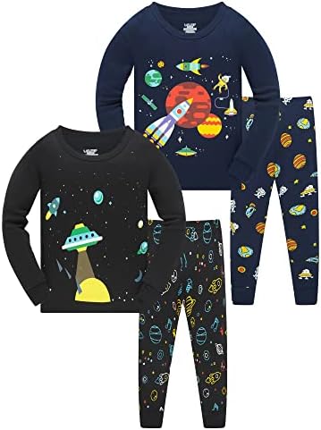 Pyjamas for Boys Dinosaurs Rockets Shaks Truck Long Sleeve 4-Piece Sleepwear 2-14 Years Pajama Set