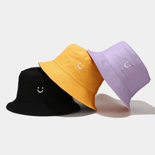 PythJooh 1PC Girls Boys Embroidered Smile Face Bucket Hat Kids Reversible Sun Hat Foldable Beach Hats Outdoor Caps For 2-8Years