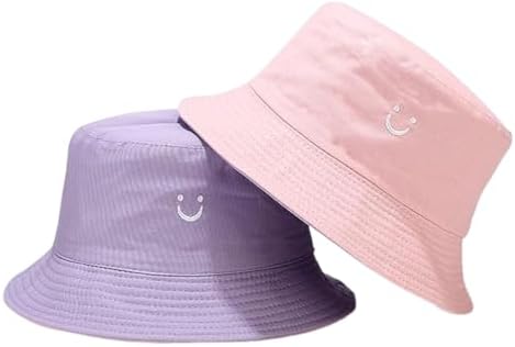PythJooh 1PC Girls Boys Embroidered Smile Face Bucket Hat Kids Reversible Sun Hat Foldable Beach Hats Outdoor Caps for 2-8Years