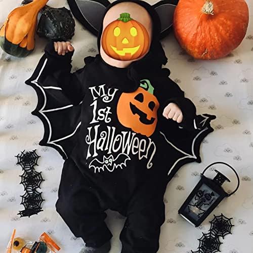 PythJooh Baby Boy Girl My 1st Halloween Outfits Unisex Baby One-piece Long Sleeve Bat Romper Jumpsuit With Hat Clothing Set For 0-18Months