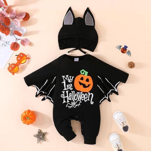 PythJooh Baby Boy Girl My 1st Halloween Outfits Unisex Baby One-piece Long Sleeve Bat Romper Jumpsuit With Hat Clothing Set For 0-18Months