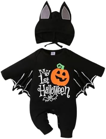 PythJooh Baby Boy Girl My 1st Halloween Outfits Unisex Baby One-piece Long Sleeve Bat Romper Jumpsuit with Hat Clothing Set for 0-18Months