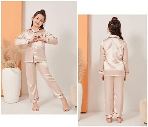PythJooh Girls Satin Pyjamas Sets Girls Boys Long Sleeve Button-Down Pjs Set 2PCs Silky Nightwear Sleepwear For 3-13Years