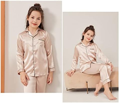 PythJooh Girls Satin Pyjamas Sets Girls Boys Long Sleeve Button-Down Pjs Set 2PCs Silky Nightwear Sleepwear For 3-13Years