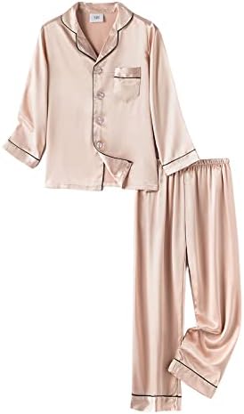 PythJooh Girls Satin Pyjamas Sets Girls Boys Long Sleeve Button-Down Pjs Set 2PCs Silky Nightwear Sleepwear for 3-13Years