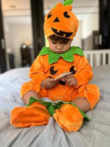 PythJooh Newborn Baby Girl Boy One-Piece Pumpkin Romper Kids Fleece Halloween Jumpsuit With Hat Booties For 0-18Months