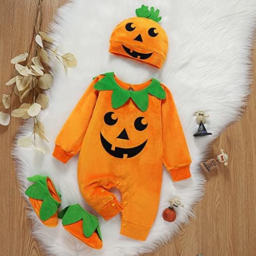 PythJooh Newborn Baby Girl Boy One-Piece Pumpkin Romper Kids Fleece Halloween Jumpsuit With Hat Booties For 0-18Months