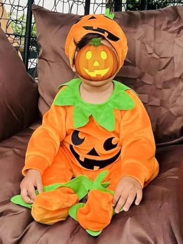 PythJooh Newborn Baby Girl Boy One-Piece Pumpkin Romper Kids Fleece Halloween Jumpsuit With Hat Booties For 0-18Months