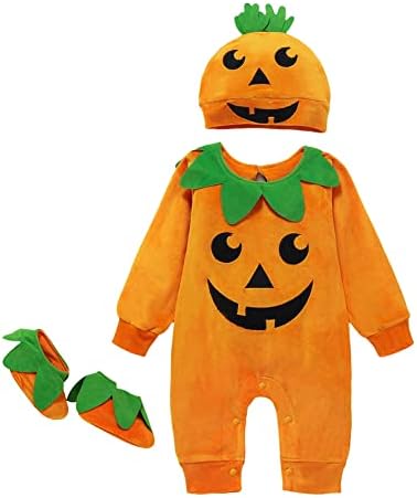 PythJooh Newborn Baby Girl Boy One-Piece Pumpkin Romper Kids Fleece Halloween Jumpsuit with Hat Booties for 0-18Months