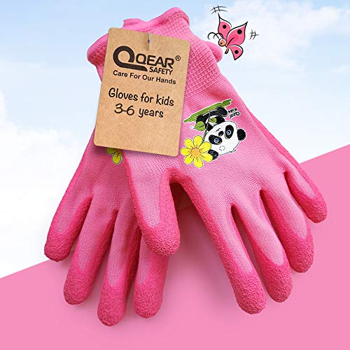QEARSAFETY Girl Pink Kids Garden Gloves 3-6 Years Toddler DIY Kindergarten Outdoor Knitted Liner Palm Natural Rubber Coated For Water/Dirty Resistance (3-6 Years Pink)