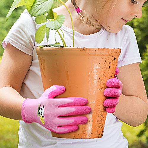 QEARSAFETY Girl Pink Kids Garden Gloves 3-6 Years Toddler DIY Kindergarten Outdoor Knitted Liner Palm Natural Rubber Coated For Water/Dirty Resistance (3-6 Years Pink)