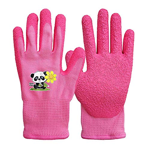 QEARSAFETY Girl Pink Kids Garden Gloves 3-6 Years Toddler DIY Kindergarten Outdoor Knitted Liner Palm Natural Rubber Coated For Water/Dirty Resistance (3-6 years pink)