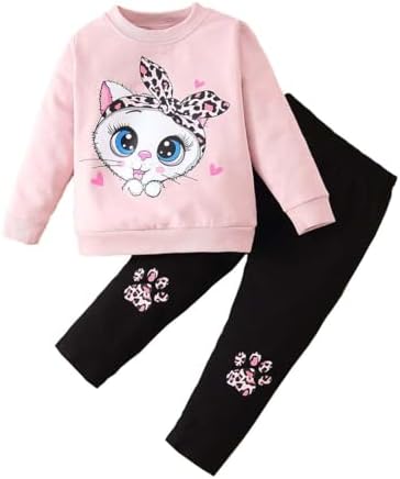 QHKEPW Girls Outfits Set Kids Clothes Cat Rainbow Love Heart Toddler Clothing Long Sleeve Sweatshirt T-Shirt Tops Leggings Trousers Round Neck 1-9 Years Old