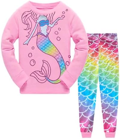 QHKEPW Girls Pyjamas Unicorn Dinosaur Mermaid Cat Kids Toddler Pjs Sets Cotton Long Sleeve Sleepwear 2 Piece Clothes Outfits Winter Nightwear 1-7 Years