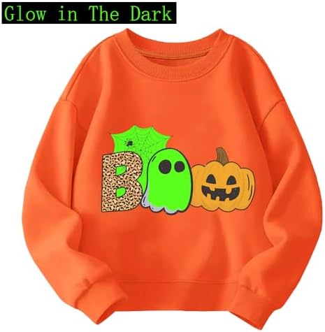 QHKEPW Halloween Boys Girls Jumper Glow In The Dark Ghost Monster Truck Pumkin Face Dinosaur Car Bat Kids Sweatshirt Toddler Top Long Sleeve Round Neck Cotton Casual Clothes T Shirt 2-8 Years Old