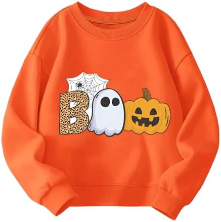 QHKEPW Halloween Boys Girls Jumper Glow in The Dark Ghost Monster Truck Pumkin Face Dinosaur Car Bat Kids Sweatshirt Toddler Top Long Sleeve Round Neck Cotton Casual Clothes T Shirt 2-8 Years Old