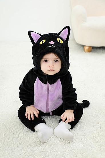 Qianderer Toddler Baby Black Cat Costume Hooded Jumpsuit Zipper Snowsuit Infant Boy Girl Halloween Costumes Fuzzy Warm Winter Clothes