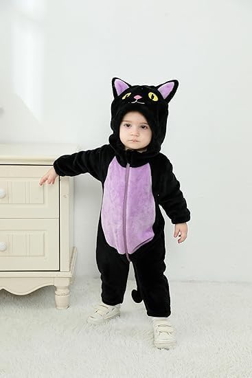 Qianderer Toddler Baby Black Cat Costume Hooded Jumpsuit Zipper Snowsuit Infant Boy Girl Halloween Costumes Fuzzy Warm Winter Clothes