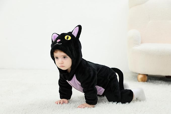 Qianderer Toddler Baby Black Cat Costume Hooded Jumpsuit Zipper Snowsuit Infant Boy Girl Halloween Costumes Fuzzy Warm Winter Clothes