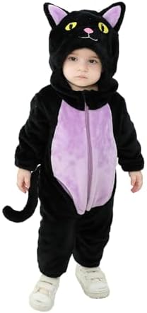 Qianderer Toddler Baby Black Cat Costume Hooded Jumpsuit Zipper Snowsuit Infant Boy Girl Halloween Costumes Fuzzy Warm Winter Clothes