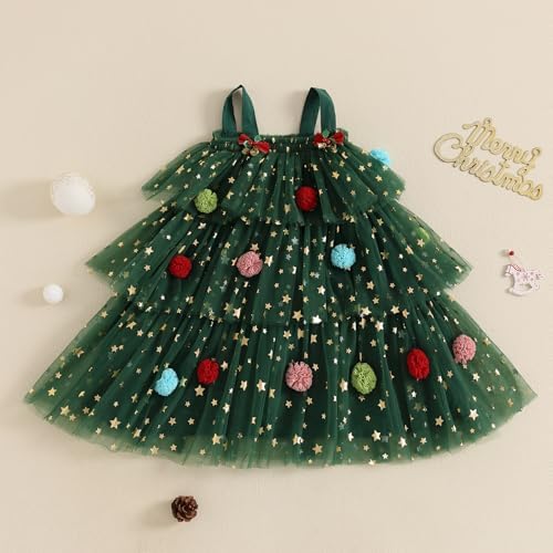 Qianderer Toddler Girl Christmas Dress Star Sequin Flying Sleeve A-line Layered Tulle Tutu Dress Pompom Embroidery Cake Smash Tree Dresses