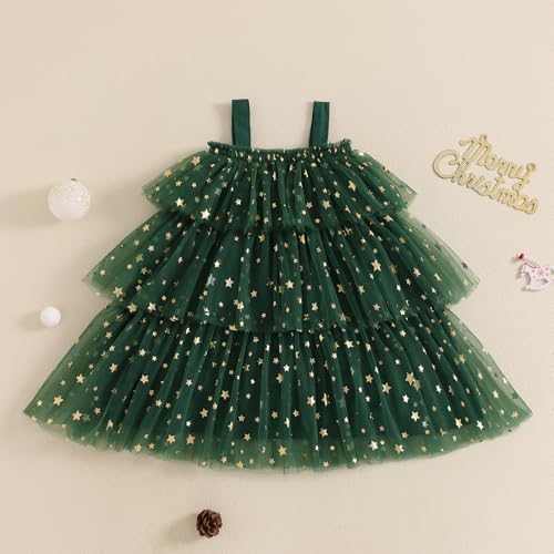 Qianderer Toddler Girl Christmas Dress Star Sequin Flying Sleeve A-line Layered Tulle Tutu Dress Pompom Embroidery Cake Smash Tree Dresses