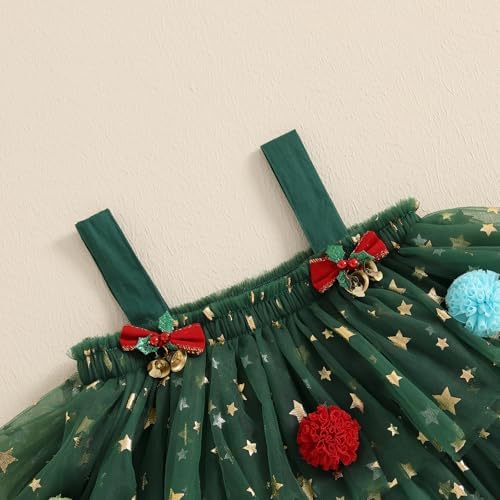 Qianderer Toddler Girl Christmas Dress Star Sequin Flying Sleeve A-line Layered Tulle Tutu Dress Pompom Embroidery Cake Smash Tree Dresses
