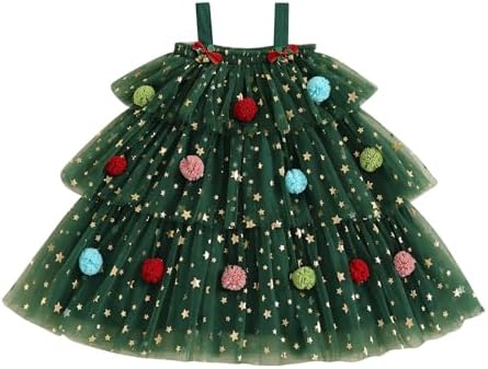 Qianderer Toddler Girl Christmas Dress Star Sequin Flying Sleeve A-line Layered Tulle Tutu Dress Pompom Embroidery Cake Smash Tree Dresses