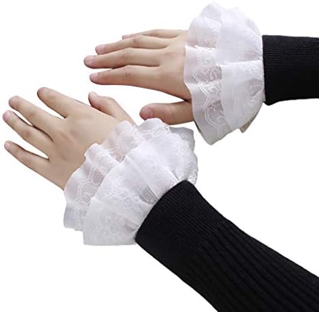 QishGO Women Sweet Fake Sleeves Double Layer Ruffles Lace Flared Cuffs Wrist Warmers