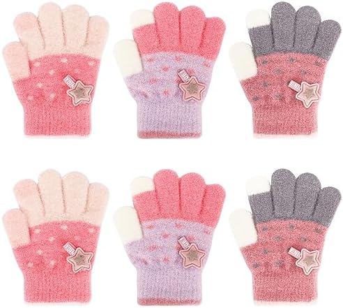 QKURT 3 Pairs Kids Magic Gloves Toddler Warm Gloves Colorful Crystal Sand Glove Soft Thermal Glove Good Stretch Children's Full Finger Mittens with Novel Star Pattern for 1-5 Years Girls Boys