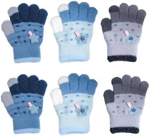 QKURT 3 Pairs Kids Magic Gloves Toddler Warm Gloves Colorful Crystal Sand Glove Soft Thermal Glove Good Stretch Children's Full Finger Mittens with Novel Star Pattern for 1-5 Years Girls Boys