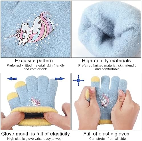 QKURT 3 Pairs Kids Warm Knit Gloves Toddler Magic Gloves Colorful Crystal Sand Gloves Soft Thermal Gloves Good Stretch Children's Full Finger Mittens With Novel Unicorn Pattern For 1-5 Years Girls