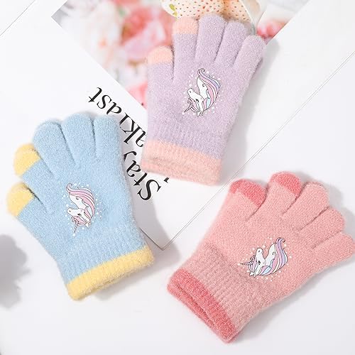 QKURT 3 Pairs Kids Warm Knit Gloves Toddler Magic Gloves Colorful Crystal Sand Gloves Soft Thermal Gloves Good Stretch Children's Full Finger Mittens With Novel Unicorn Pattern For 1-5 Years Girls