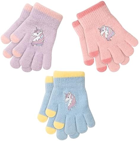 QKURT 3 Pairs Kids Warm Knit Gloves Toddler Magic Gloves Colorful Crystal Sand Gloves Soft Thermal Gloves Good Stretch Children's Full Finger Mittens with Novel Unicorn Pattern for 1-5 Years Girls