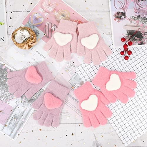 QKURT 3 Pairs Kids Winter Knit Gloves Children Thick Warm Fleece Cute Heart Stretch Magic Glove For Girls Boys Age 3-7 Years
