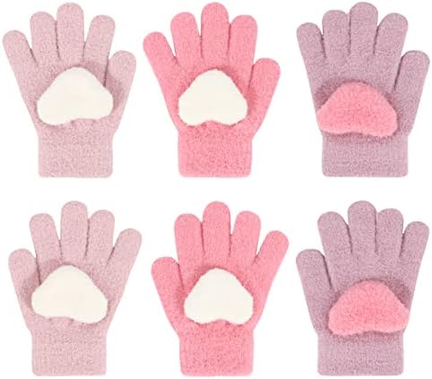 QKURT 3 Pairs Kids Winter Knit Gloves Children Thick Warm Fleece Cute Heart Stretch Magic Glove for Girls Boys Age 3-7 years