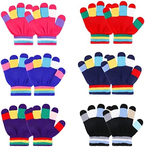 QKURT 6 Pairs Kids Gloves Children Winter Knit Glove Warm Colorful Striped Stretch Magic Glove for Boys Girls Ages 2-5 years